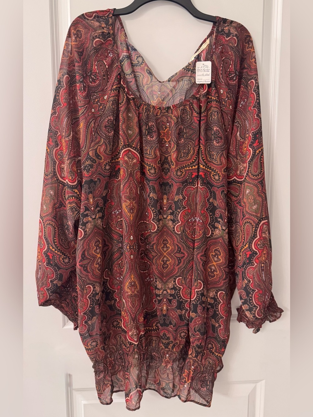 #x796 - Wayward Fancies by eShakti Brown & Red Paisley Chiffon Smocked Blouse
